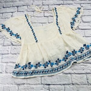 Old Navy Embroidered Square Neck Flutter Sleeve Peasant Top Womens XL Cream Blue